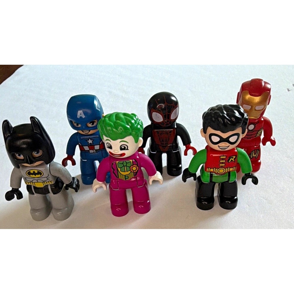 DUPLO DC Marvel Super Heroes Minifigure Lot 6 Batman Joker Robin Miles Iron Man